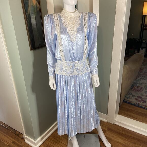 Vintage 80s 90s Scott McClintock Satin Lace Brocade Jacquard Pleated Dress - Picture 12 of 12